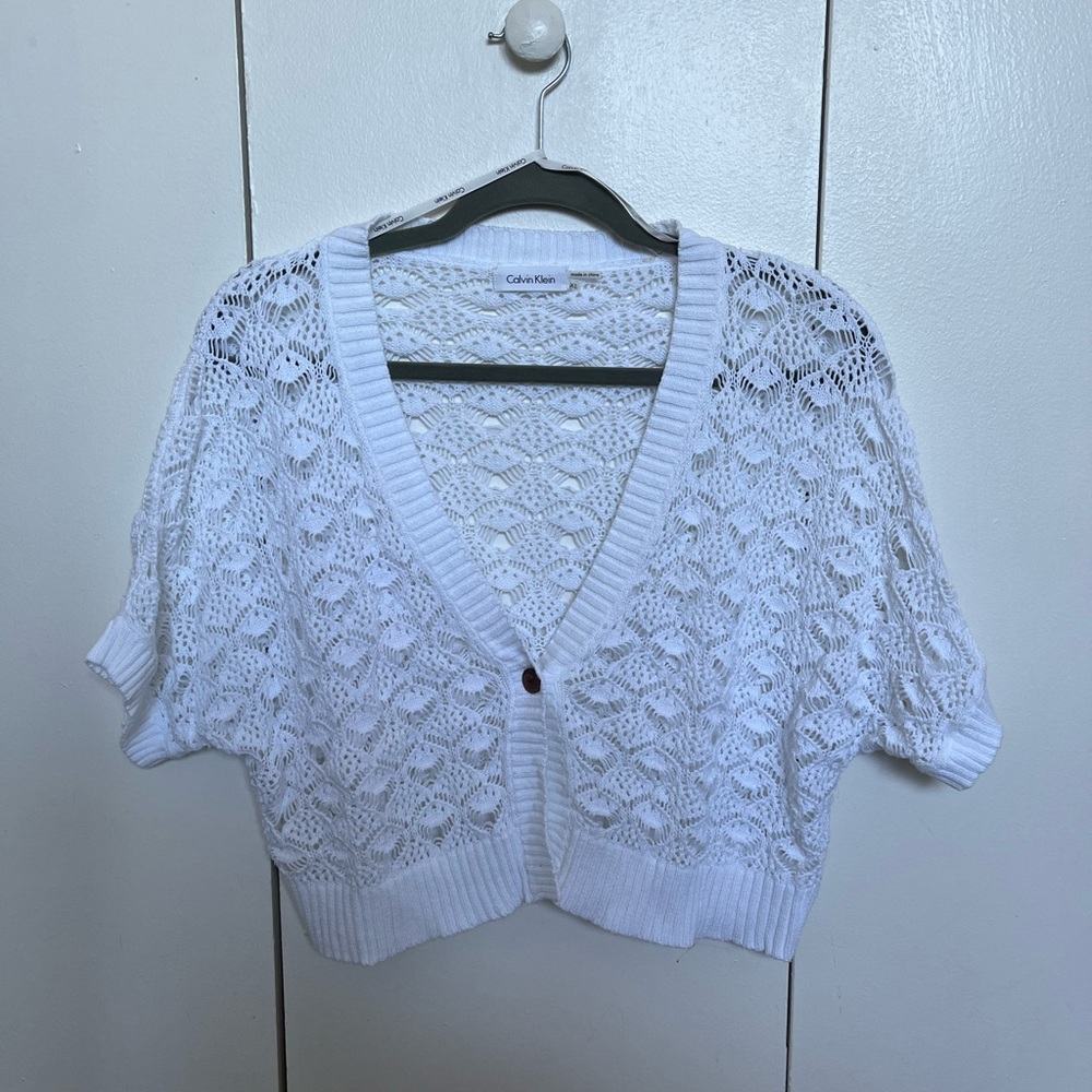 White Calvin Klein Knit Short Sleeve Cardigan 🌨️